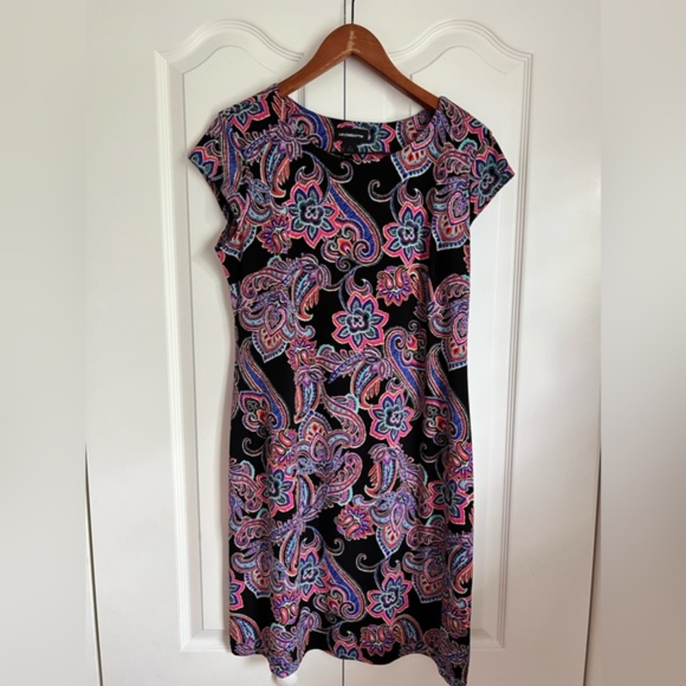 Liz Claiborne Black with Neon Patterns Women’s Dress.  Cap Sleeve LIKE NEW Large